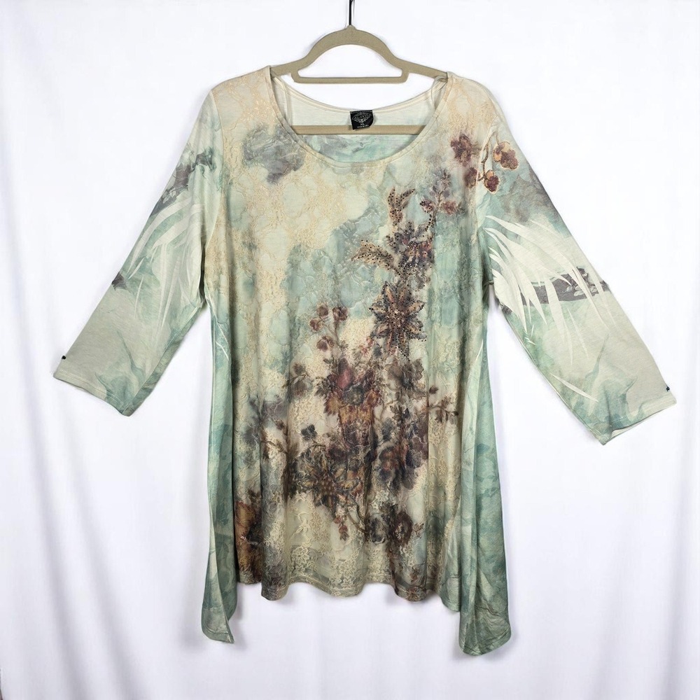 Cal Style Tunic Top Floral Embellished 3/4 Sleeve‎ Lightweight Layered Woman XL